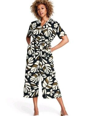 Tabitha Brown Jumpsuit Medium Botanical Print Cropped White Brown Black Size Med